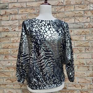 90s Silver Black Metallic Animal Zebra Leopard Print Vtg Shirt Cindy Collins S